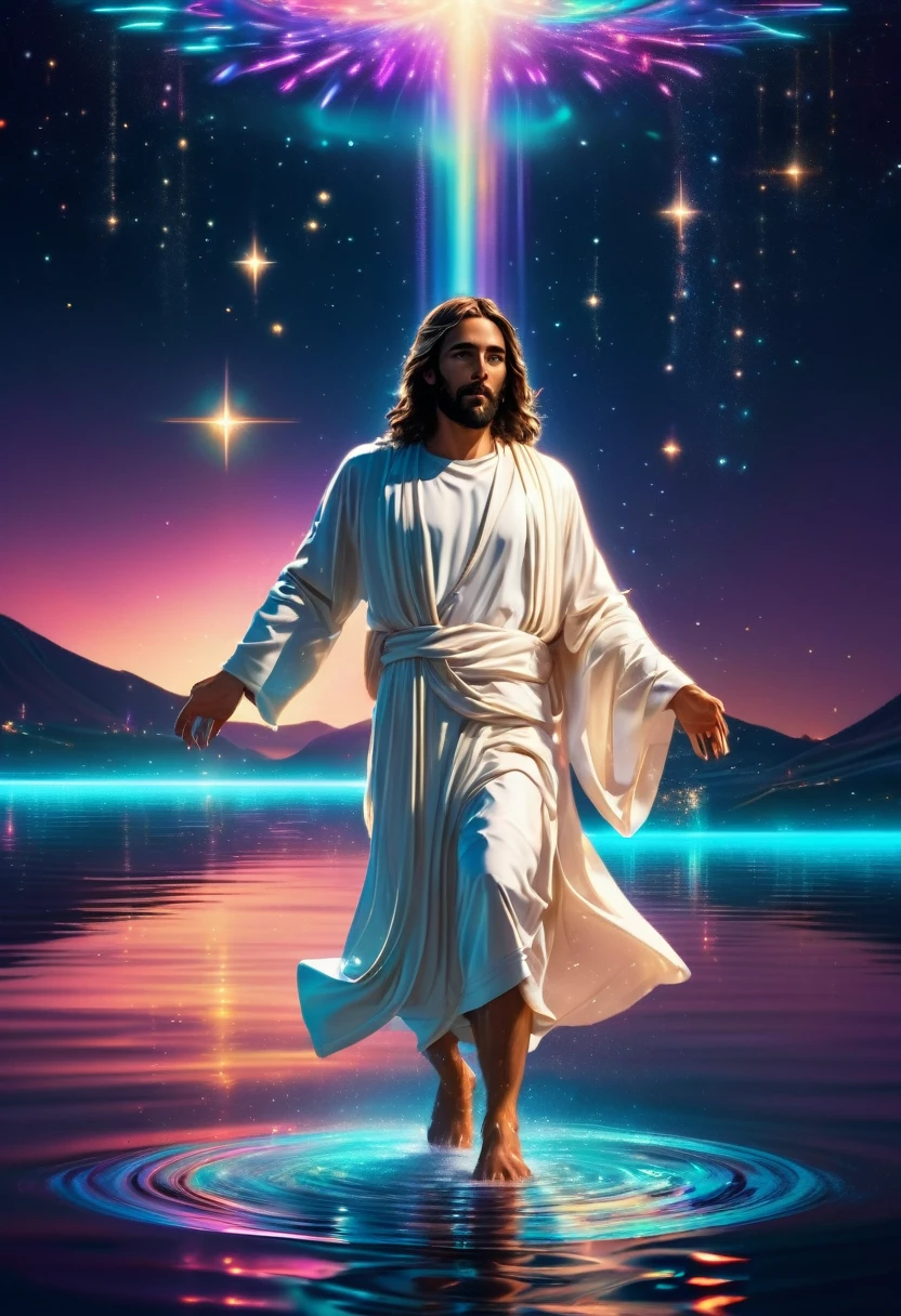 "Futuristic Jesus walking on water, with a starry sky in the background, neon lights reflecting in the water, white robes with technological details, expressing serenity, 8k high definition, super verbose"