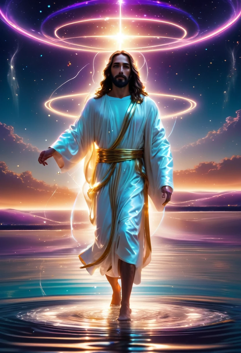 "Futuristic Jesus walking on water, with a starry sky in the background, neon lights reflecting in the water, white robes with technological details, expressing serenity, 8k high definition, super verbose"