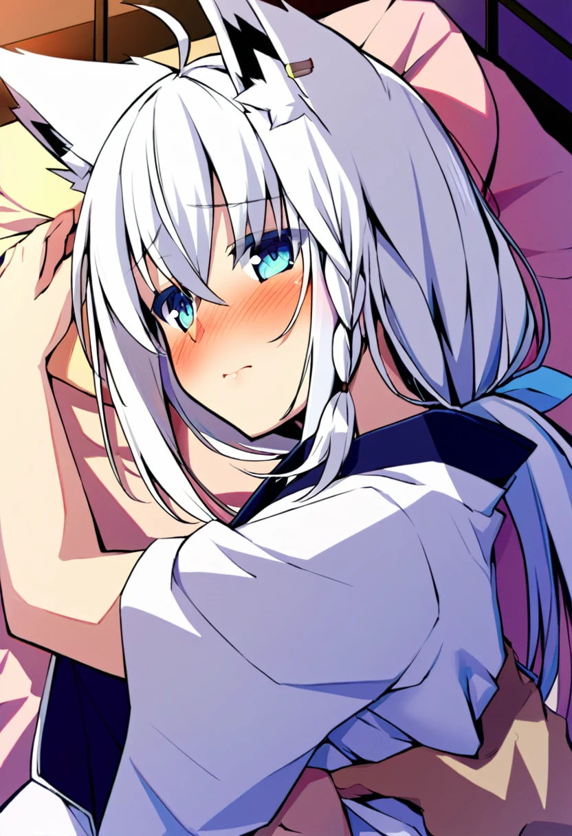 one girl, Shirakami Fubuki, fox ears, white hair, upperbody focus, yukata, beautiful, cute, be ready for sex, first night, lying on bed, naive, love me, shy