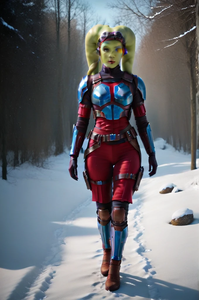 a ((fall body)) (((hera syndulla))) ((green skin )) ((female twi'lek ))mandalorian,walking on snow, ((green fire eyes )) , beautiful detailed eyes, beautiful detailed lips, extremely detailed face, long eyelashes, mandalorian armor, sci-fi, cinematic lighting, dramatic, epic, intricate details, hyper-realistic, 8k, high-quality, photorealistic
