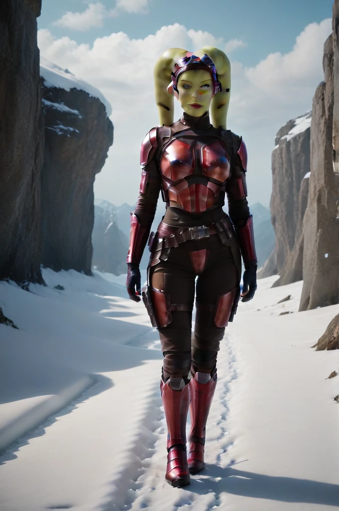a ((fall body)) (((hera syndulla))) ((green skin )) ((female twi'lek ))mandalorian,walking on snow, ((green fire eyes )) , beautiful detailed eyes, beautiful detailed lips, extremely detailed face, long eyelashes, mandalorian armor, sci-fi, cinematic lighting, dramatic, epic, intricate details, hyper-realistic, 8k, high-quality, photorealistic