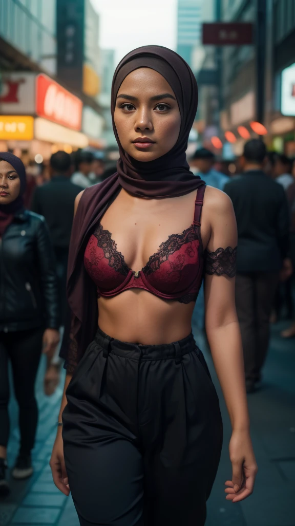 a malay teenage girl in hijab and dark red lace bra and high waist pants catwalk in front of crowded bustling kuala lumpur malaysia city streets, serious face, nighttime, 35mm lens, establishing shot, pastel color grading, depth of field cinematography effect, film noir genre, 8k resolution, high quality, ultra detail