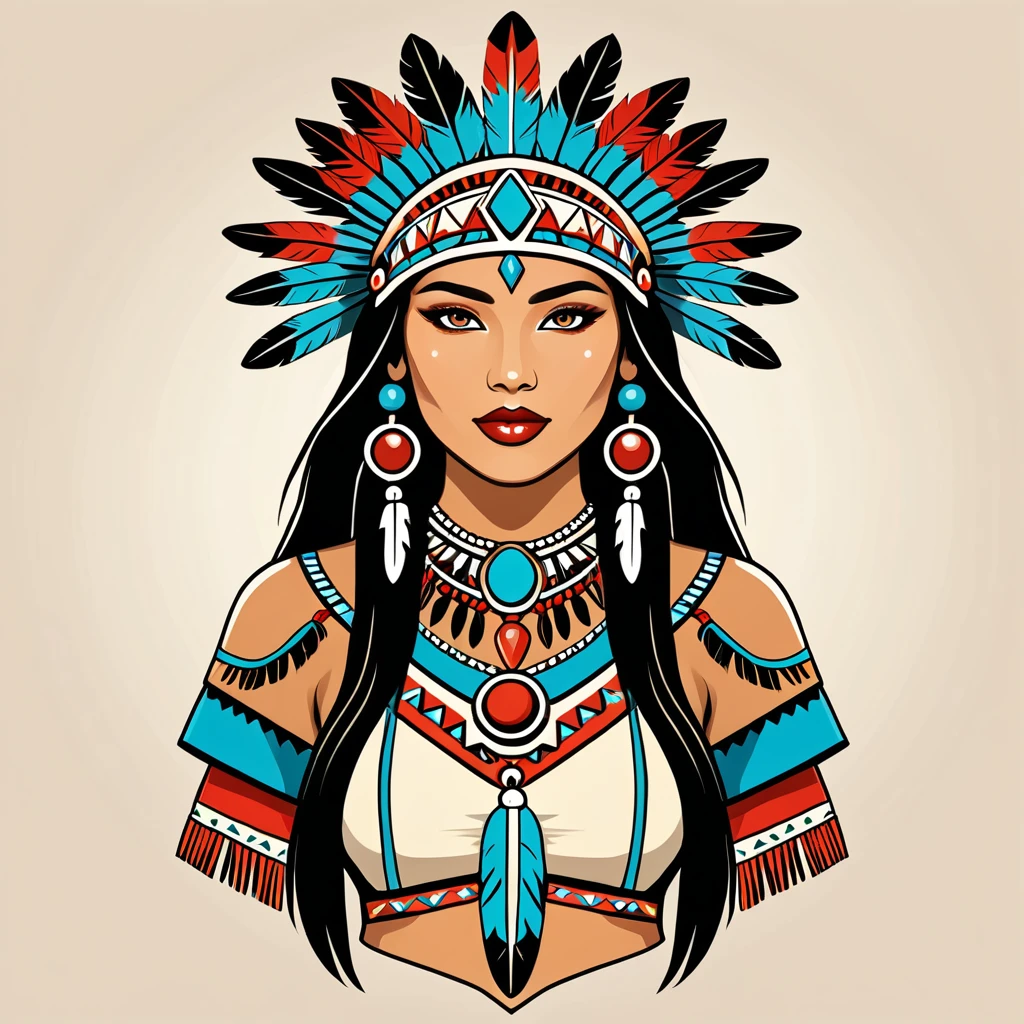 female android in native american folk outfit ,vector graphics, strong contours, logo design