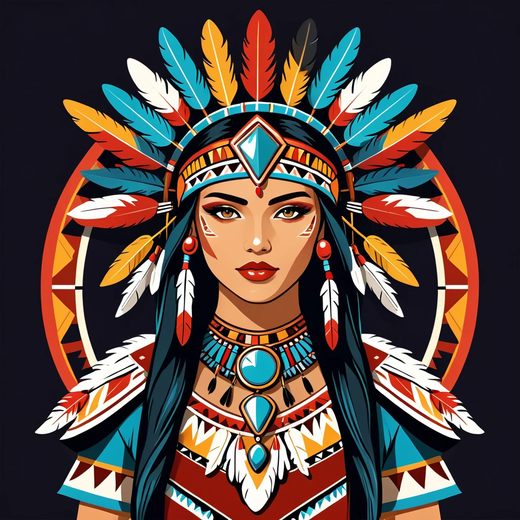 female android in native american folk outfit ,vector graphics, strong contours, logo design