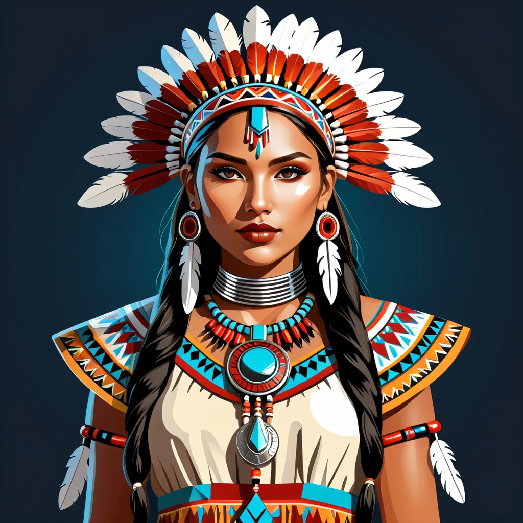 female	android	in native american folk outfit	,vector graphics, strong contours, logo design