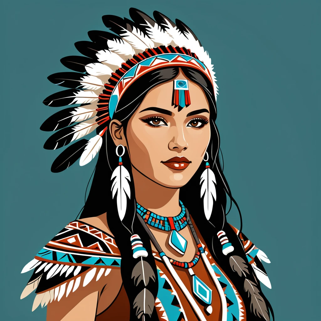 female android in native american folk outfit ,vector graphics, strong contours, logo design