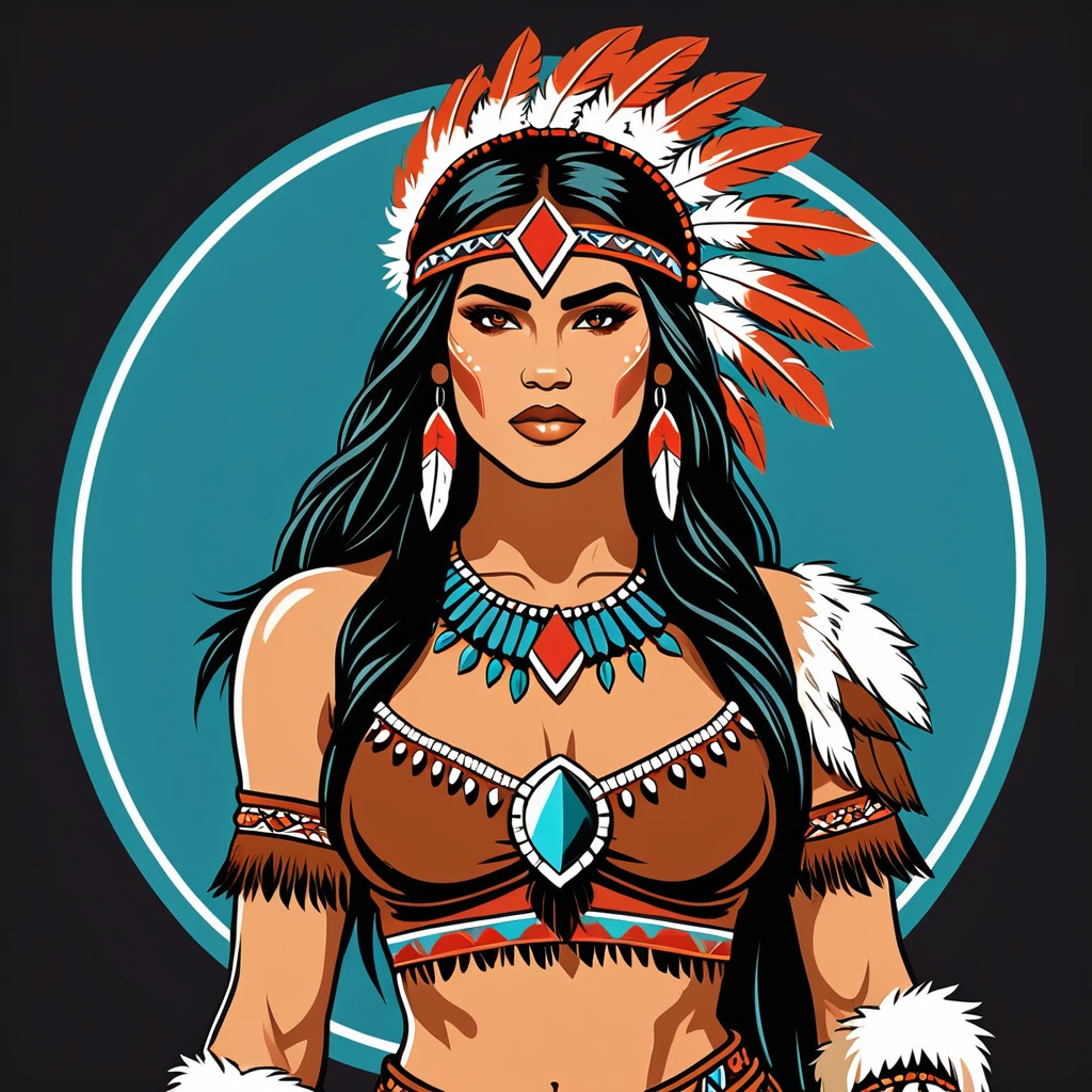 female barbarian in native american folk outfit ,vector graphics, strong contours, logo design