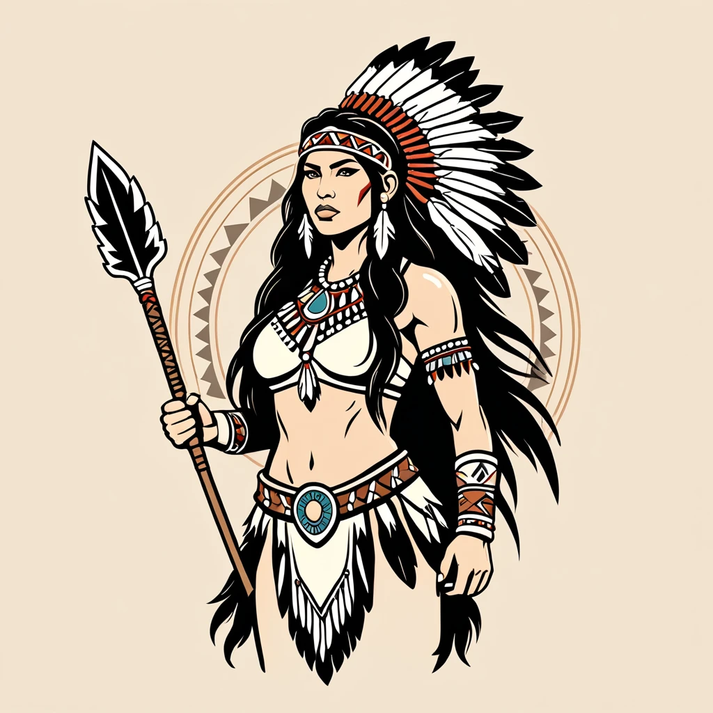 female	barbarian	in native american folk outfit	,vector graphics, strong contours, logo design																						