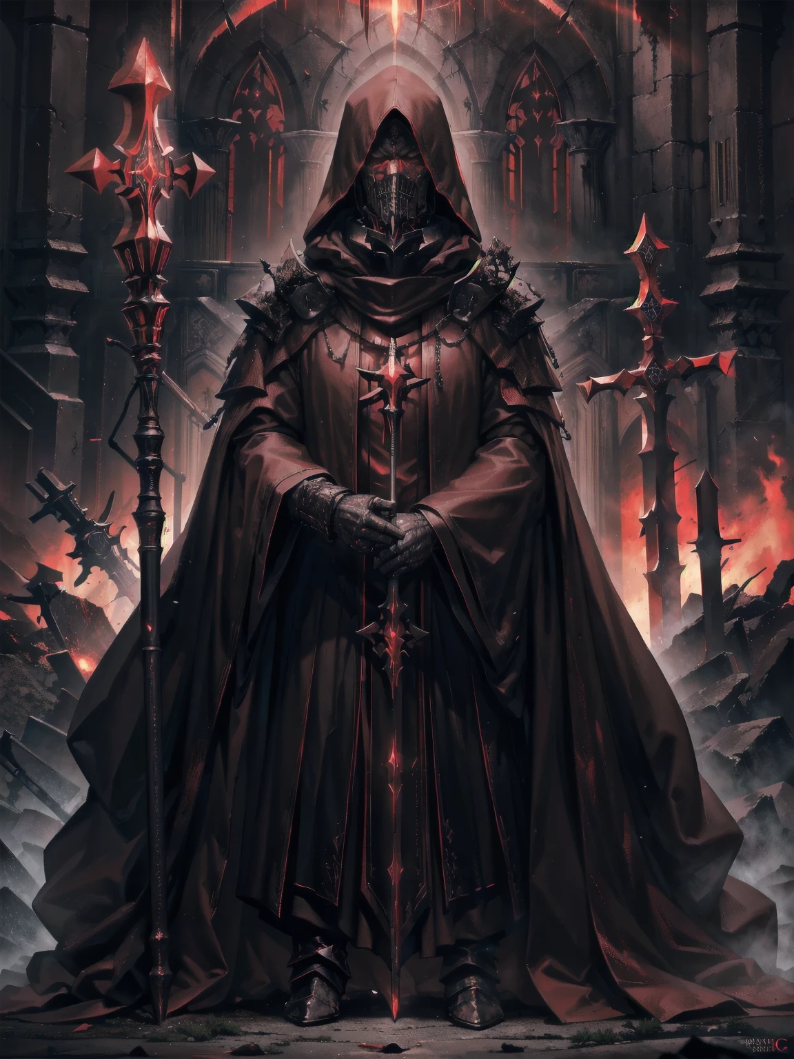 masterpiece, Superior image quality, High resolution, 4k image, Dark Priest, An older adult man, tall, delgado, hooded, face hidden by the hood, crimson tunic, Wields a long staff with encrusted campaigns, standing in a dark room, at night, crimson sky,