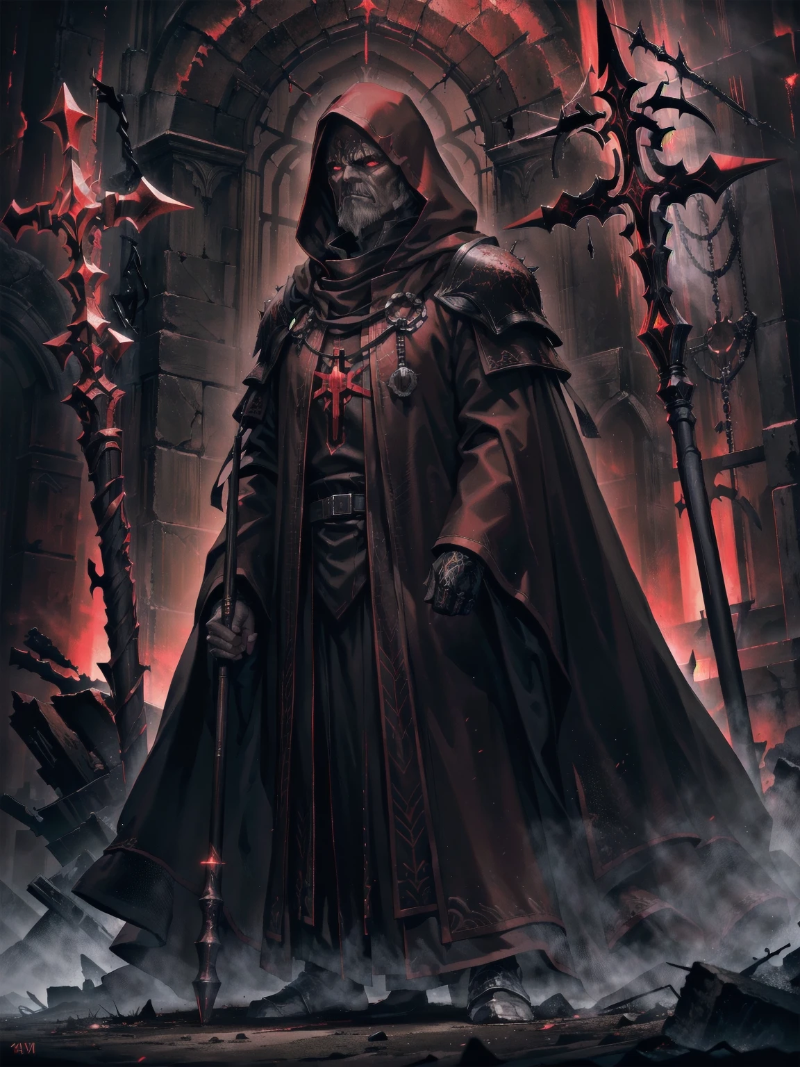 masterpiece, Superior image quality, High resolution, 4k image, Dark Priest, An older adult man, tall, delgado, hooded, face hidden by the hood, crimson tunic, Wields a long staff with encrusted campaigns, standing in a dark room, at night, crimson sky,