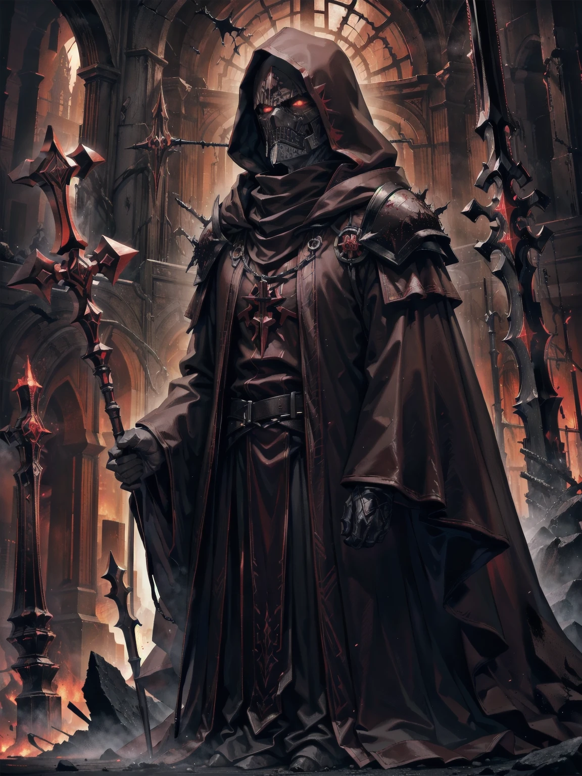 masterpiece, Superior image quality, High resolution, 4k image, Dark Priest, An older adult man, tall, delgado, hooded, face hidden by the hood, crimson tunic, Wields a long staff with encrusted campaigns, standing in a dark room, at night, crimson sky,