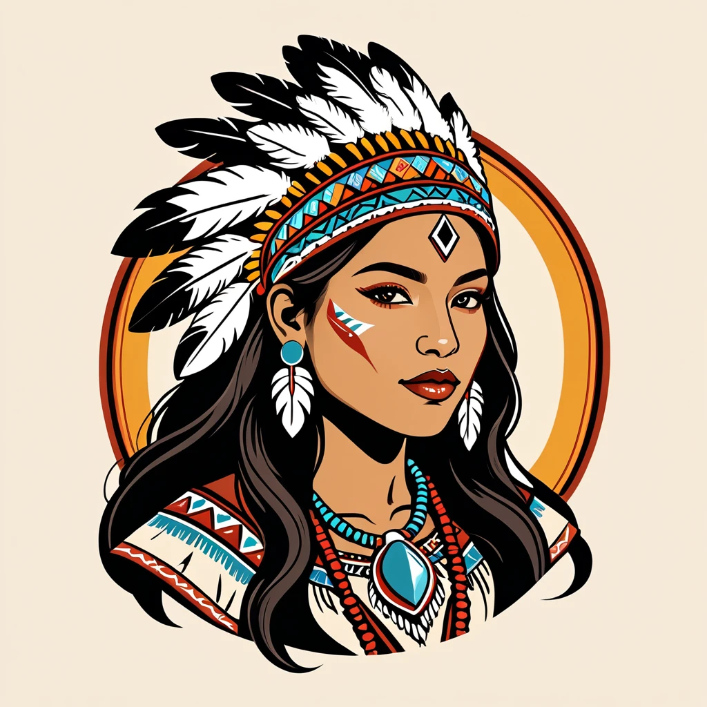 female	bard	in native american folk outfit	,vector graphics, strong contours, logo design																						