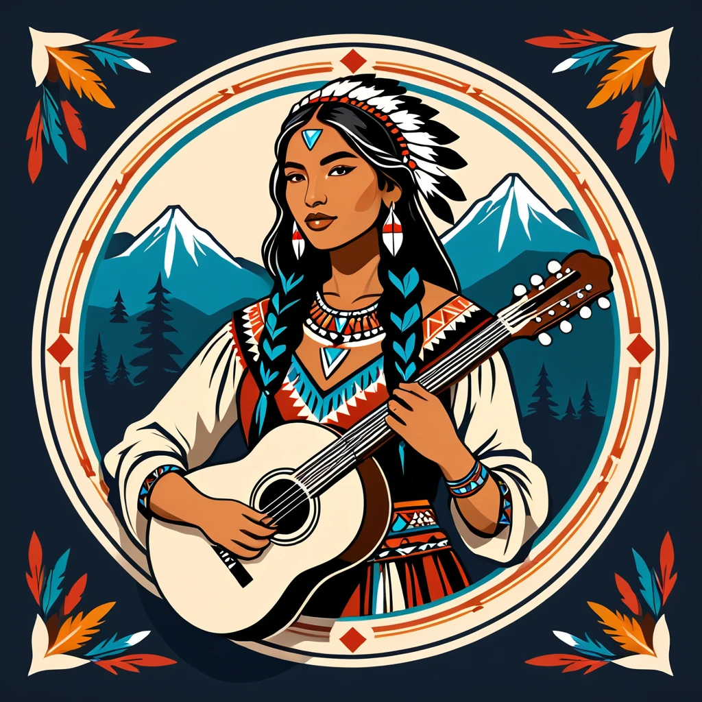 female bard in native american folk outfit ,vector graphics, strong contours, logo design