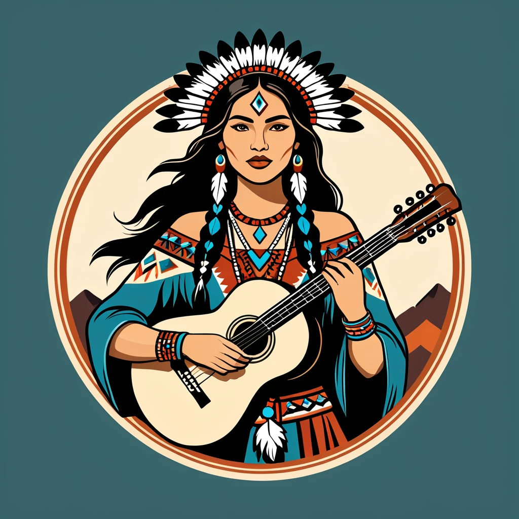 female bard in native american folk outfit ,vector graphics, strong contours, logo design