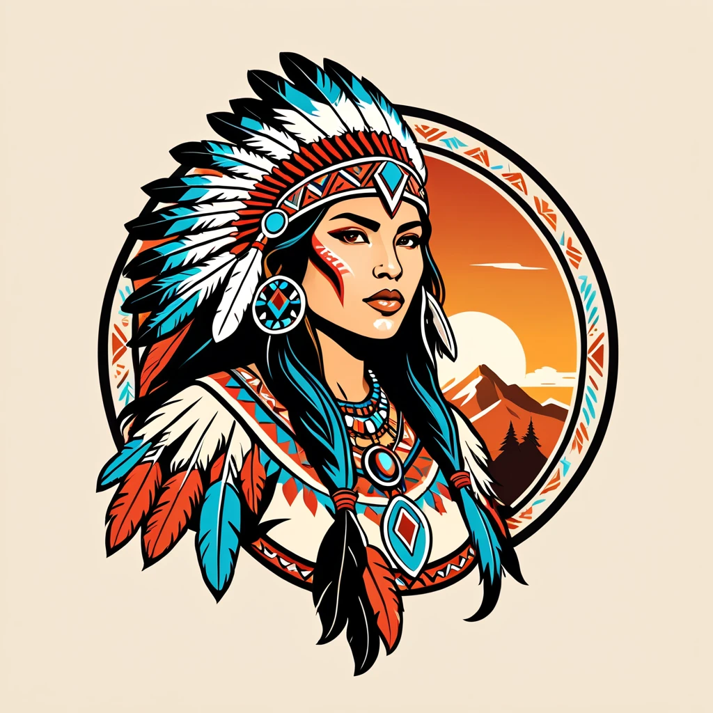 female beastmaster in native american folk outfit ,vector graphics, strong contours, logo design
