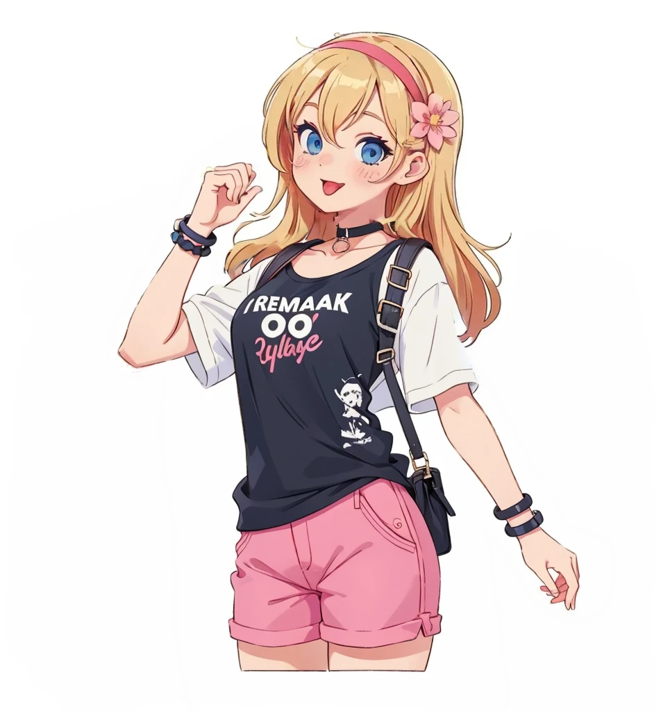 punk outfit, oversized shirt, visible bra under shirt, cute shorts, accessories