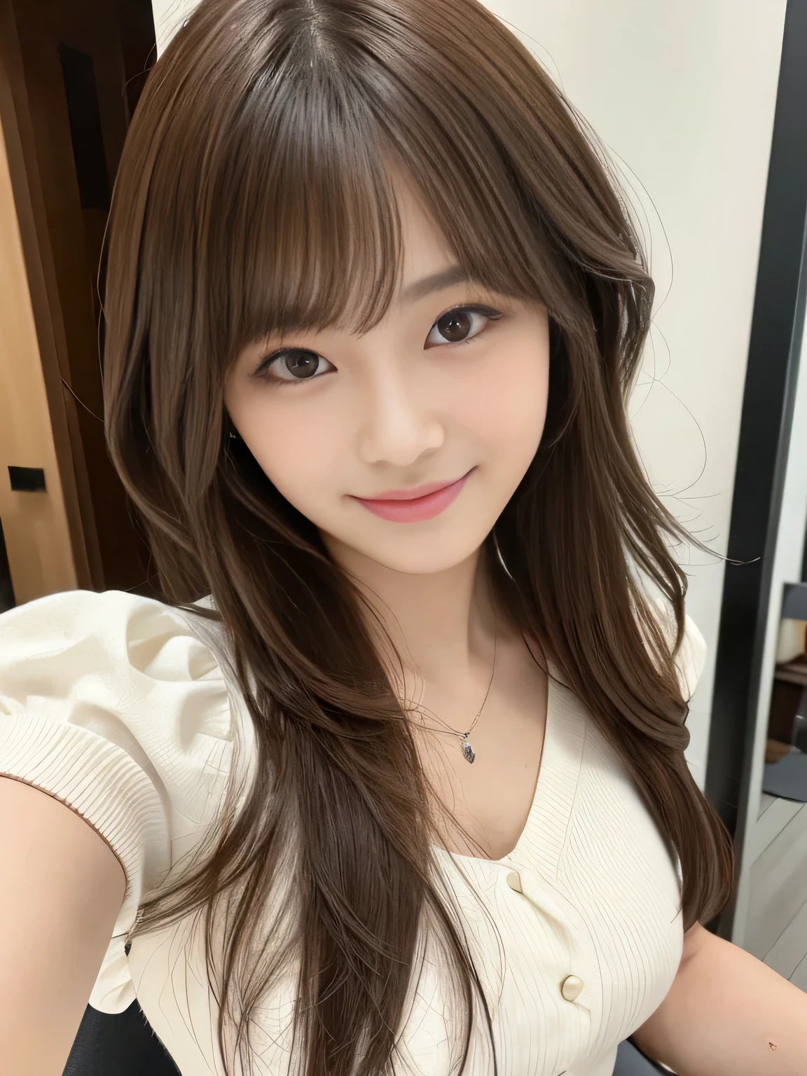 masterpiece, best quality, ultra-detailed, intricately detailed hyperdetailed, realistic, sharp features, highly detailed, sharp focus, (18 years old:1.3), Japanese Idol, perfect face, perfect symmetrically eyes, perfect full lips, hyper detailed, hyper realistic, high resolution, Fashion Model, Slender, Stylish, Realistic, Photorealistic:1.3, Beautiful Face, from above, POV shot, light brown hair, messy hair, asymmetrical bangs, Neat clothes, (smile), (white tops:1.2),