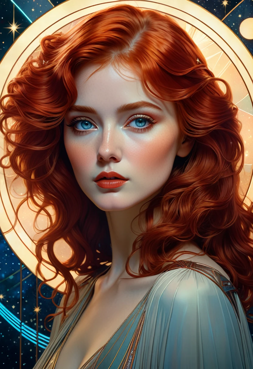Beautiful neofuturistic woman, Same Ol’ Mistakes,eye redhead,Face completely saturated,dreamy lighting,starry background,twin peaks poster art,Beautiful neofuturistic woman,45mm lens,high details,fine art,king lines, soft lighting,by Alphonse Mucha,Artgerm,Tom Bagshaw,Lawrence Alma-Tadema,greg rutkowski,deviantart contest winner, fantasy art,dramatic,hyperrealistic,masterpiece,dramatic,rgb wires,4k,highly detailed render,8K