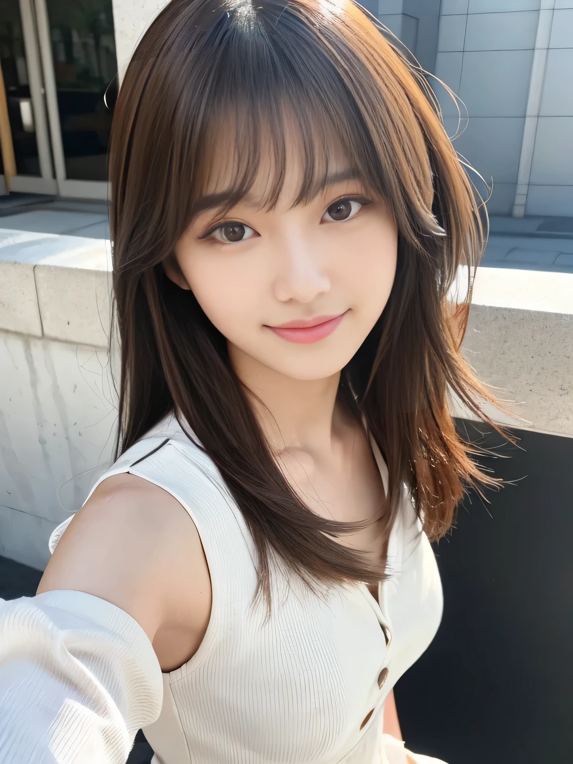 masterpiece, best quality, ultra-detailed, intricately detailed hyperdetailed, realistic, sharp features, highly detailed, sharp focus, (18 years old:1.3), Japanese Idol, perfect face, perfect symmetrically eyes, perfect full lips, hyper detailed, hyper realistic, high resolution, Fashion Model, Slender, Stylish, Realistic, Photorealistic:1.3, Beautiful Face, from above, POV shot, light brown hair, messy hair, asymmetrical bangs, Neat clothes, (smile), (white tops:1.2),