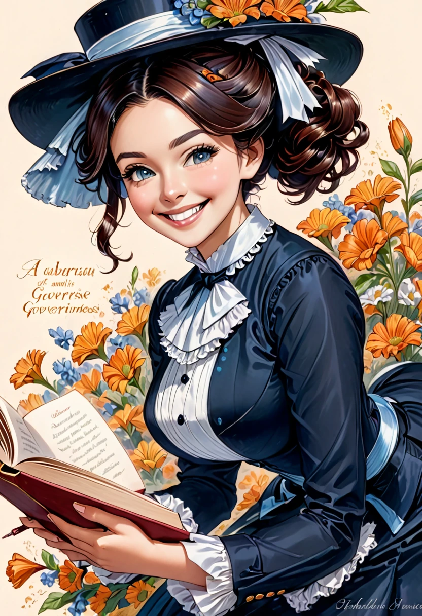 A colored pencil drawing of a pretty  smiling happy victorian governess, curly black hair with auburn highlights. Kind and inteligent, joyful  energy. hair in bun, hat. book of poetry in hand. full features, round face. 
