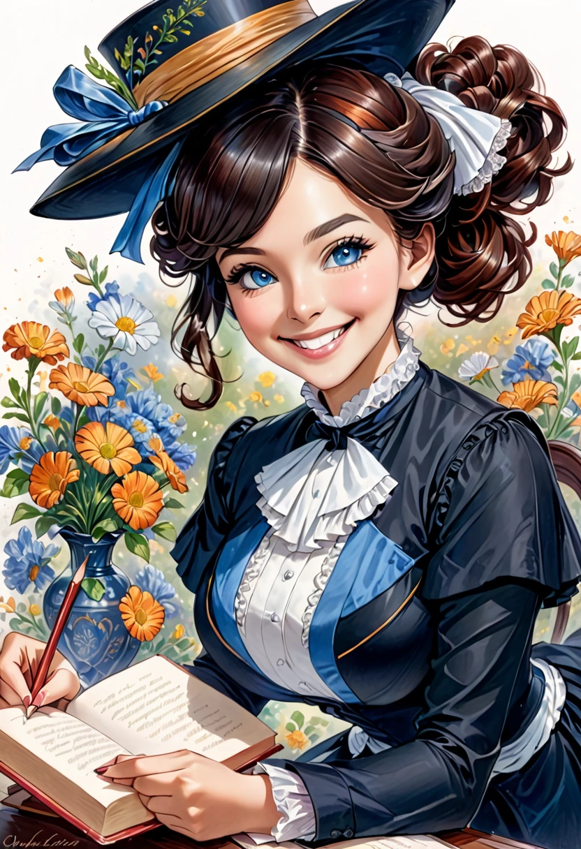 A colored pencil drawing of a pretty  smiling happy victorian governess, curly black hair with auburn highlights. Kind and inteligent, joyful  energy. hair in bun, hat. book of poetry in hand. full features, round face. 
