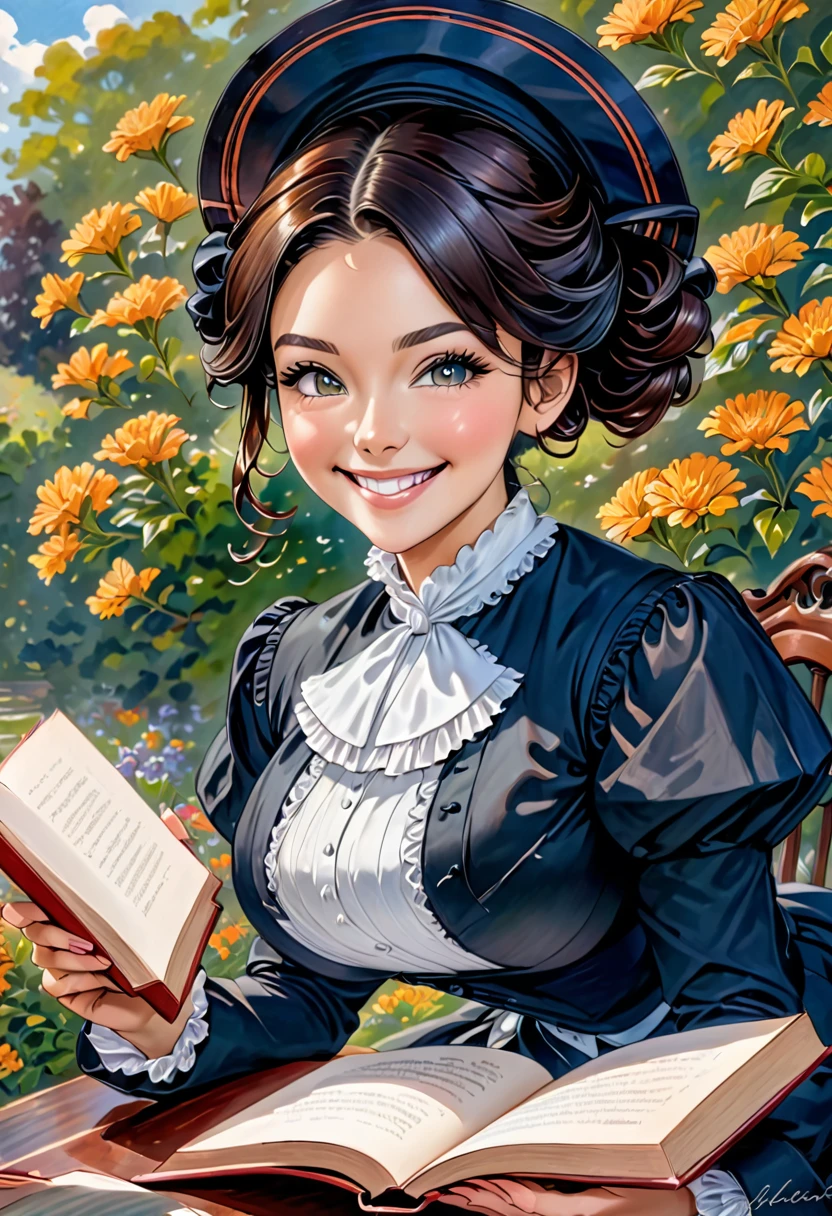 A colored pencil drawing of a pretty  smiling happy victorian governess, curly black hair with auburn highlights. Kind and inteligent, joyful  energy. hair in bun, hat. book of poetry in hand. full features, round face. 

