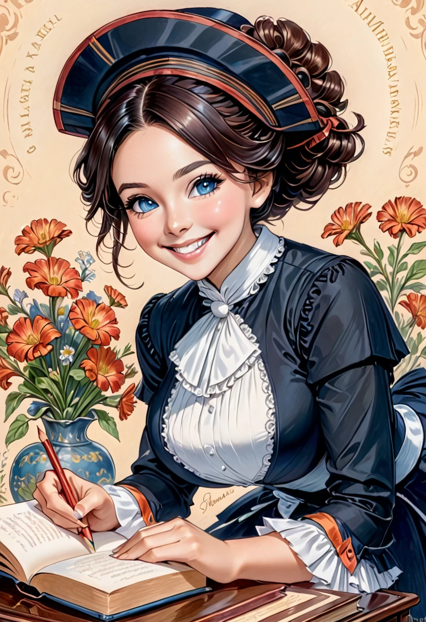 A colored pencil drawing of a pretty  smiling happy victorian governess, curly black hair with auburn highlights. Kind and inteligent, joyful  energy. hair in bun, hat. book of poetry in hand. full features, round face. 

