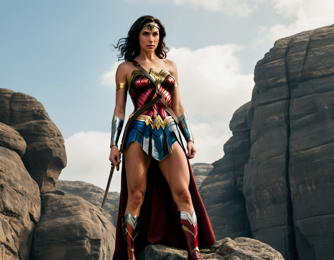 Wonder Woman standing on rock with skirt ripped off revealing her panties with cameltoe. Low angle view
