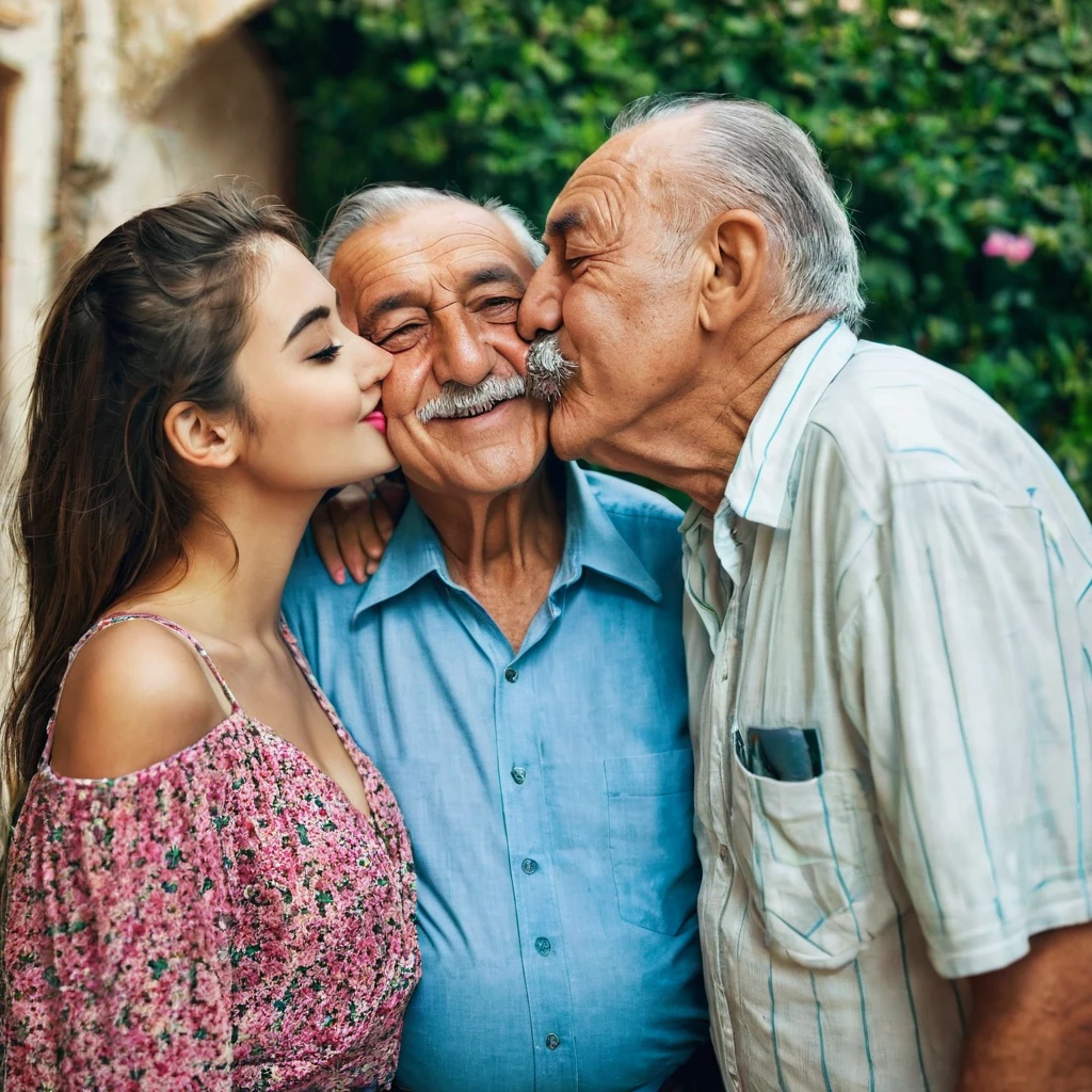 An old man from Turkey stands next to a beautiful, young and sexy girl, kisses her on the cheek, stand at full height, they are a happy couple, both are happy
