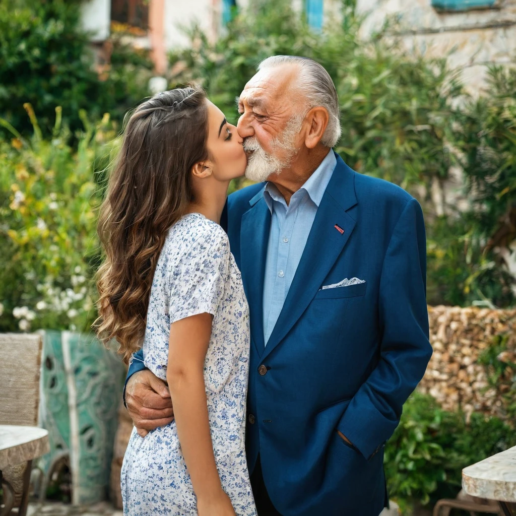 An old man from Turkey stands next to a beautiful, young and sexy girl, kisses her on the cheek, stand at full height, they are a happy couple, both are happy
