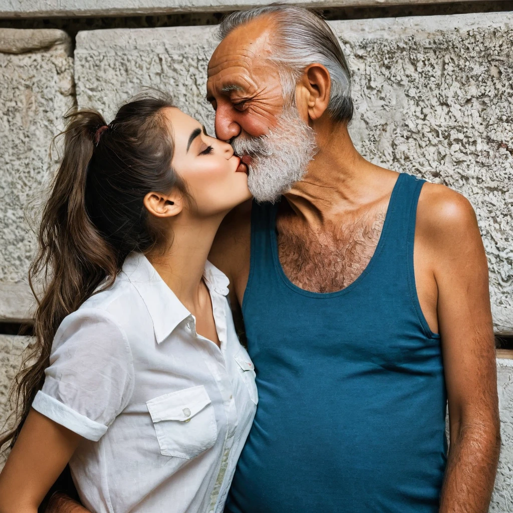 An old man from Turkey stands next to a beautiful, young and sexy girl, kisses her on the cheek, stand at full height, they are a happy couple, both are happy
