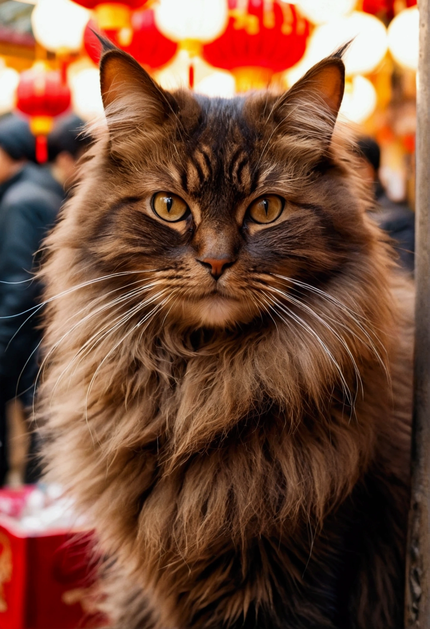 Fluffy brown cat, Very detailed cat and fur, Wearing a long dark brown winter coat, Wandering around the Chinese market, Highly detailed images, Kodak 400, Atmospheric light, 50mm lens, (Cat Eyes and Feature Details) Realistic Cat, 8k、He has a troubled look on his face.