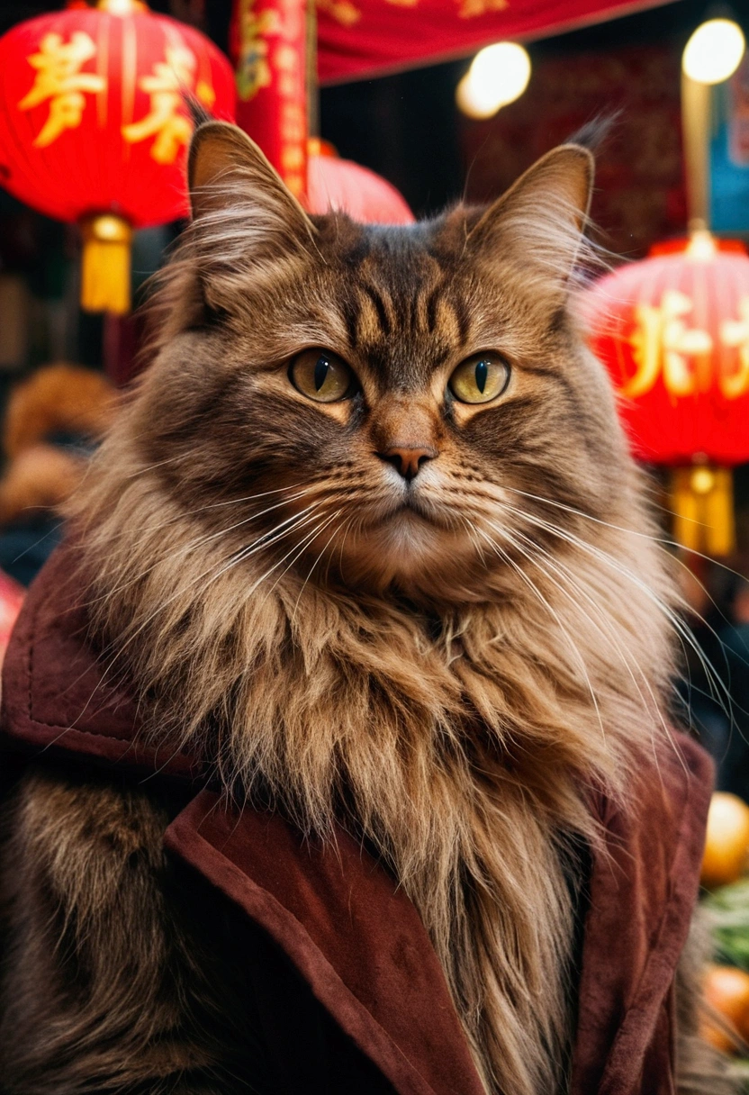 Fluffy brown cat, Very detailed cat and fur, Wearing a long dark brown winter coat, Wandering around the Chinese market, Highly detailed images, Kodak 400, Atmospheric light, 50mm lens, (Cat Eyes and Feature Details) Realistic Cat, 8k、He has a troubled look on his face.