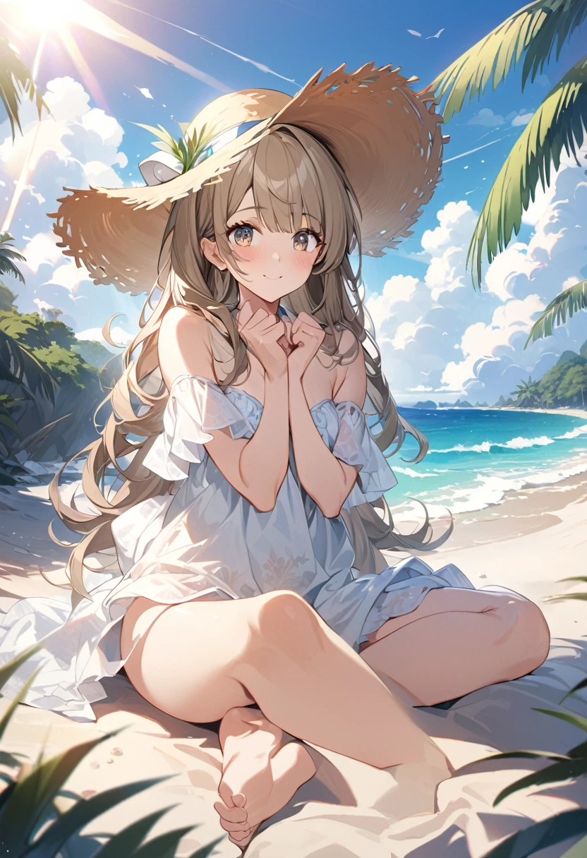 Minami Kotori, Minami Kotori, Brown Hair, (Brown eyes:1.5),, Long Hair,blush,smile,ビーチのSandy Beachを散歩しながら、Brown Hair fluttering in the breeze, A large straw hat with a hibiscus motif,Off-the-shoulder dress,Long skirt,barefoot、Light of the sun,Palm tree,whole body,
break outdoors, Sandy Beach, Seaside,
break (masterpiece:1.2), Highest quality, High resolution, unity 8k wallpaper, (shape:0.8), (Fine and beautiful eyes:1.6), Highly detailed face, Perfect lighting, Highly detailed CG, (Perfect hands, Perfect Anatomy),