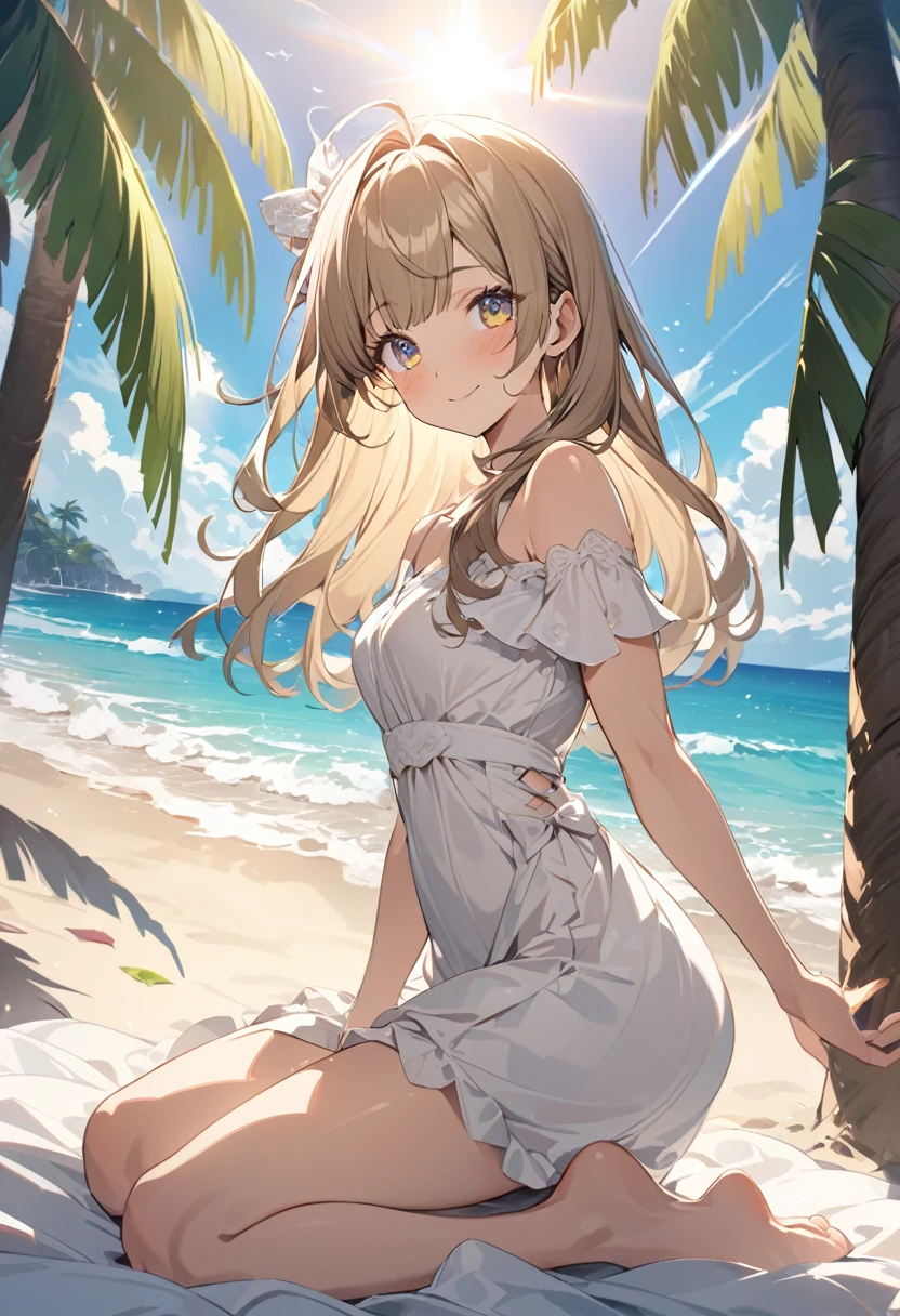 Minami Kotori, Minami Kotori, Brown Hair, (Brown eyes:1.5),, Long Hair,blush,smile,ビーチのSandy Beachを散歩しながら、Brown Hair fluttering in the breeze, A large straw hat with a hibiscus motif,Off-the-shoulder dress,Long skirt,barefoot、Light of the sun,Palm tree,whole body,
break outdoors, Sandy Beach, Seaside,
break (masterpiece:1.2), Highest quality, High resolution, unity 8k wallpaper, (shape:0.8), (Fine and beautiful eyes:1.6), Highly detailed face, Perfect lighting, Highly detailed CG, (Perfect hands, Perfect Anatomy),