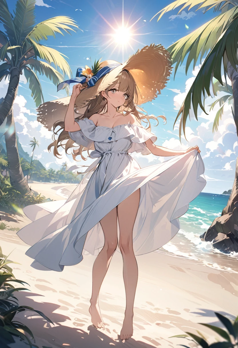 Minami Kotori, Minami Kotori, Brown Hair, (Brown eyes:1.5),, Long Hair,blush,smile,ビーチのSandy Beachを散歩しながら、Brown Hair fluttering in the breeze, A large straw hat with a hibiscus motif,Off-the-shoulder dress,Long skirt,barefoot、Light of the sun,Palm tree,whole body,
break outdoors, Sandy Beach, Seaside,
break (masterpiece:1.2), Highest quality, High resolution, unity 8k wallpaper, (shape:0.8), (Fine and beautiful eyes:1.6), Highly detailed face, Perfect lighting, Highly detailed CG, (Perfect hands, Perfect Anatomy),