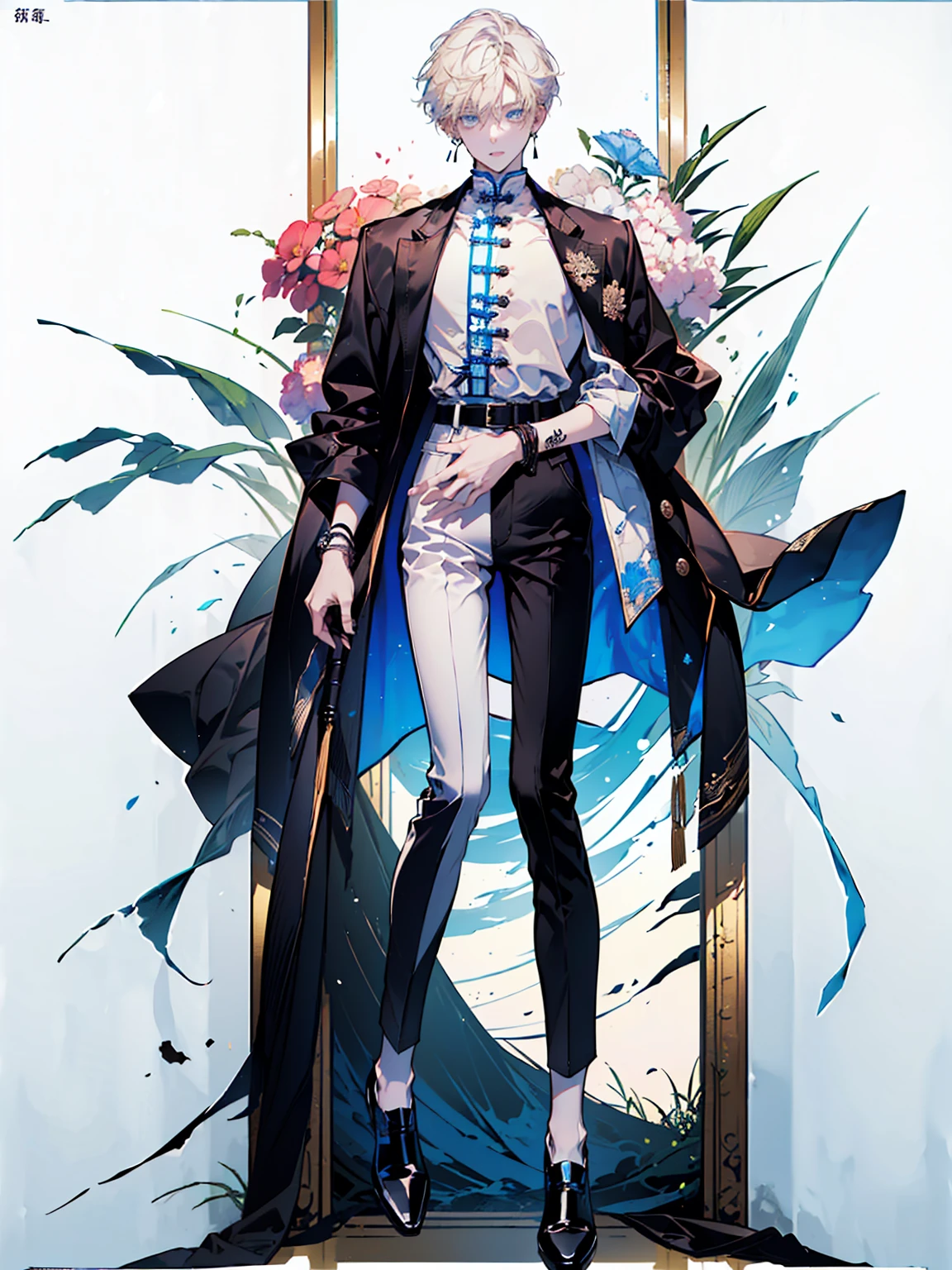 ((full body: 2)), ((UHD, masterpiece, super detail, best quality, highres, 8k)), (detailed line art), perfect face, perfect body, perfect hands, perfect feet. 

Humans, around 20 years old, ((two characters:2.0)), (2 males: 2.0), male idols, (simple background, magazine cover style: 1.5).

 Features of the first person :Gentle atmosphere, standing on the right, (bright blonde hair), (parallel eyebrows, light blue eyes, droopy eyes, thin lips), (white top, collarbone-revealing shirt, puffed sleeves shirt, white ribbon decorations:1.5, white frill decorations:1.5, white corset, high-waisted white pants, white belt, white leather shoes), (white ribbon choker), (angelic atmosphere), (looking forward).

 Features of the second person : Cool atmosphere, standing on the left, (black hair), (parallel eyebrows, light blue eyes, slanted eyes, thin lips), (black top, high-neck top, tight-fitting top, black jacket, short-length jacket, black belt decorations:1.5, black pants, black belt, black leather shoes), (black earrings, black bracelet), (devilish atmosphere), (looking forward).