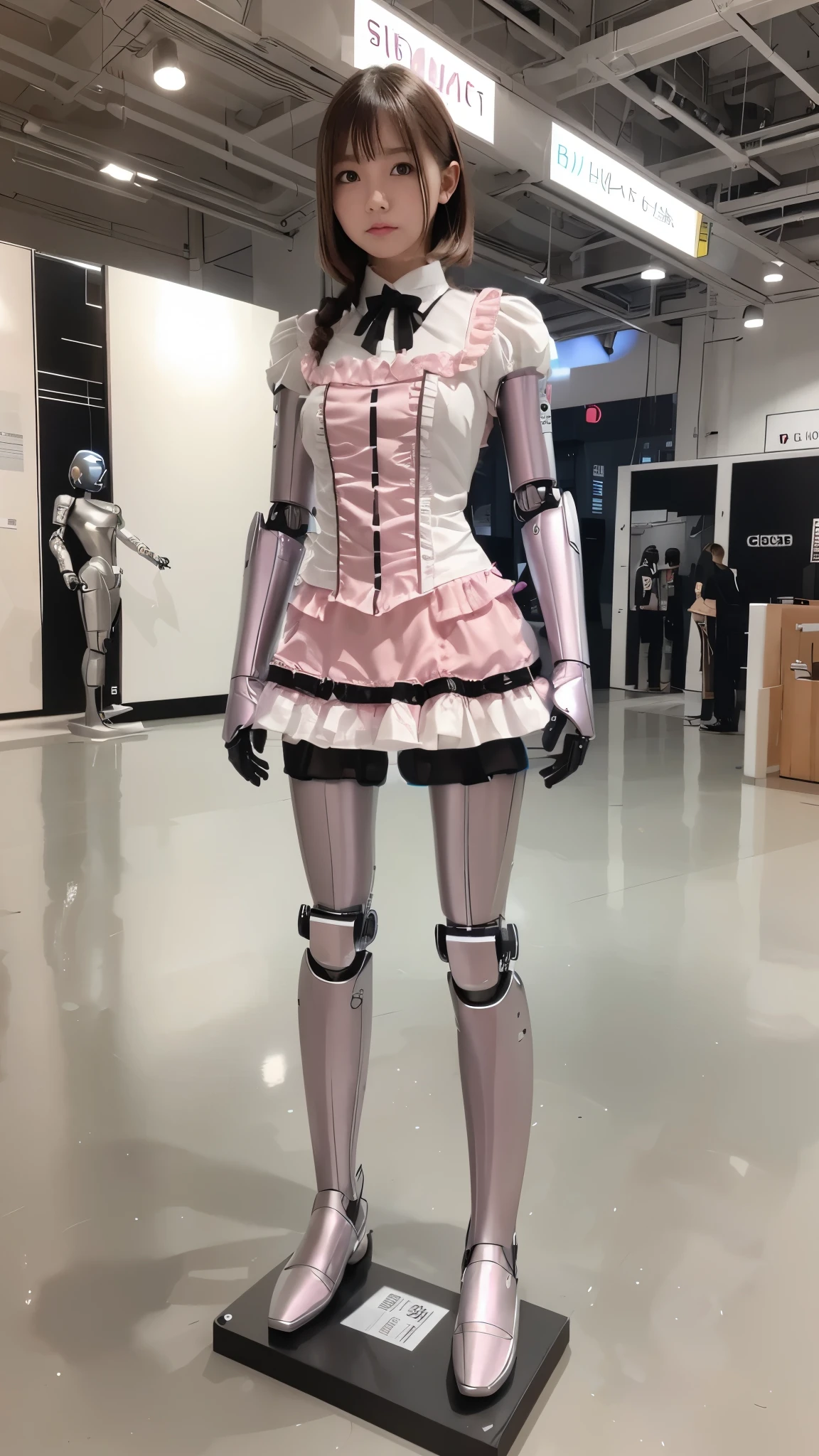 promo photo, waitresses, Gothic ta half costume and maid costume, Clothes based on white and pink, robot