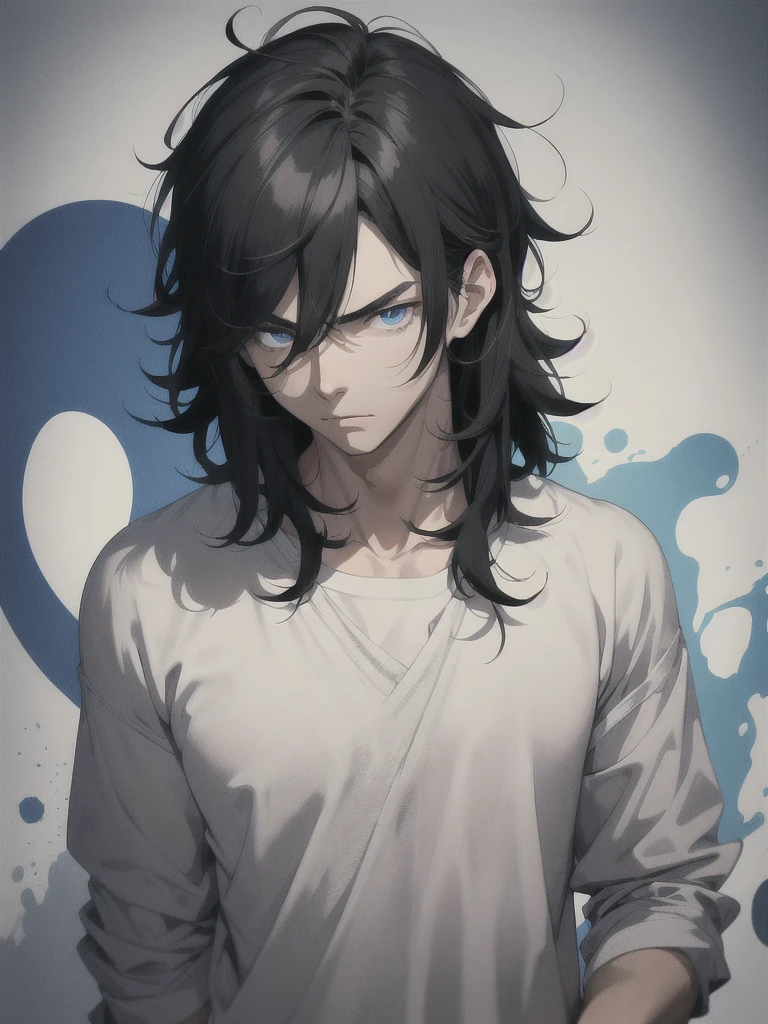 young man, messy black hair, Blue eyes, Korean, Casual clothes, shirts, anger, Masterpiece, high quality, 2D, handsome,