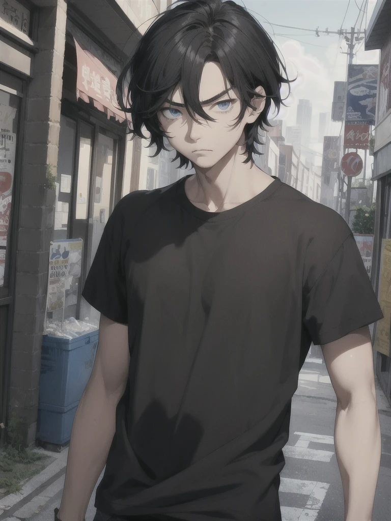young man, messy black hair, Blue eyes, Korean, Casual clothes, shirts, anger, Masterpiece, high quality, 2D, handsome,