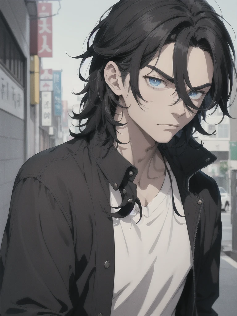 young man, messy black hair, Blue eyes, Korean, Casual clothes, shirts, anger, Masterpiece, high quality, 2D, handsome,