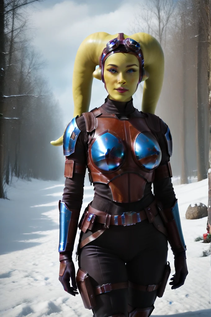 a ((fall body)) (((hera syndulla))) ((green skin )) ((female twi'lek ))mandalorian,walking on snow, ((green fire eyes )) , beautiful detailed eyes, beautiful detailed lips, extremely detailed face, long eyelashes, mandalorian armor, sci-fi, cinematic lighting, dramatic, epic, intricate details, hyper-realistic, 8k, high-quality, photorealistic