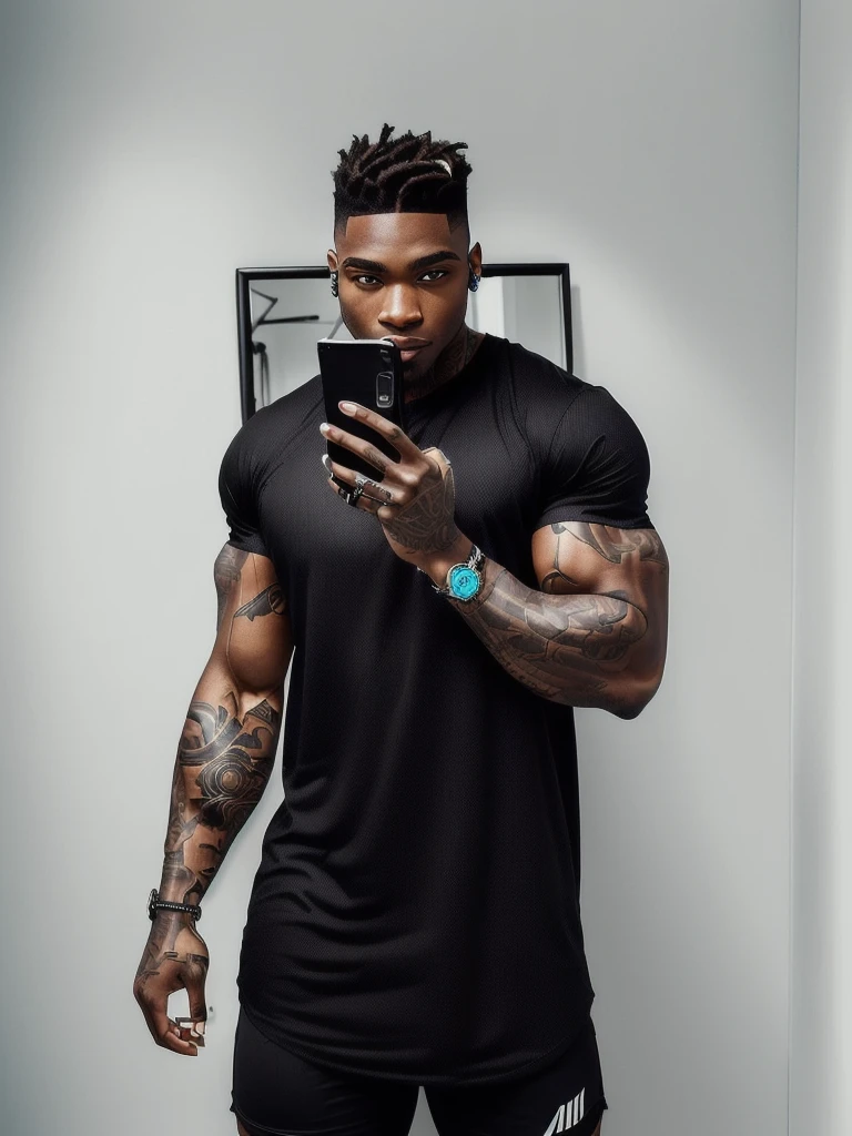 there is a man standing in front of a mirror with a cell phone, he is wearing a black t-shirt, man is with black skin, fit pic, posing and flexing, profile image, tight black tanktop, 30 year old man :: athletic, black thor, thicc, tight shirt, flexing large muscles, wearing tight shirt, short styled dreadlocks with shaved sides, trendy haircut, tattoos