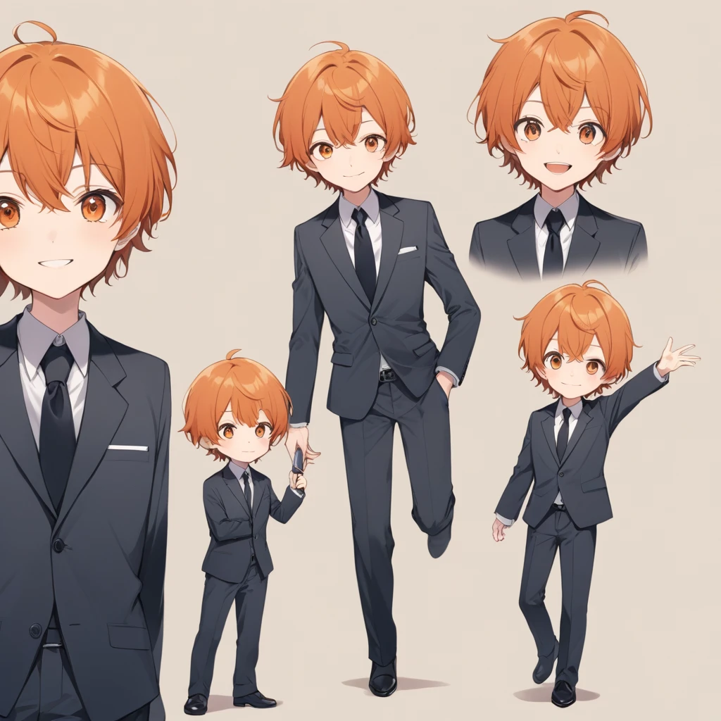 Orange Hair, Orange eyes,Short Hair,smile, a bit, suit,maleの子一人,a bitキャラ,anime,whole body,mini,,male,赤いsuit,小さいmaleの子,a little ,