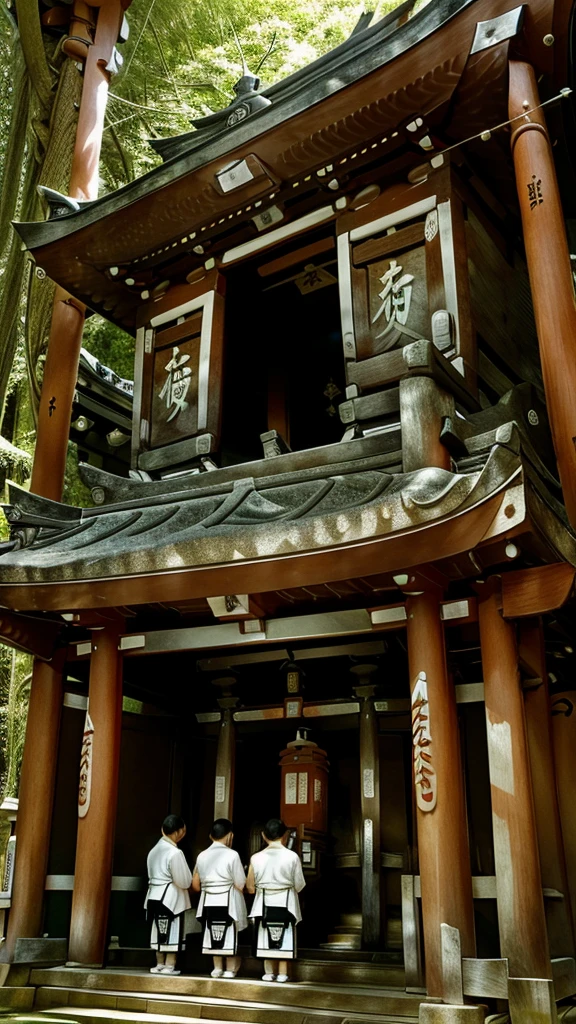 Highest quality、People praying in front of a Japanese shrine