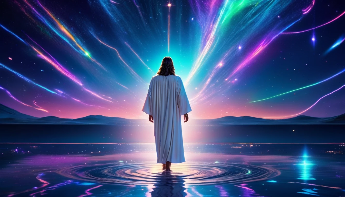 "Futuristic Jesus walking on water, with a starry sky in the background, neon lights reflecting in the water, white robes with technological details, expressing serenity, 8k high definition, super verbose"