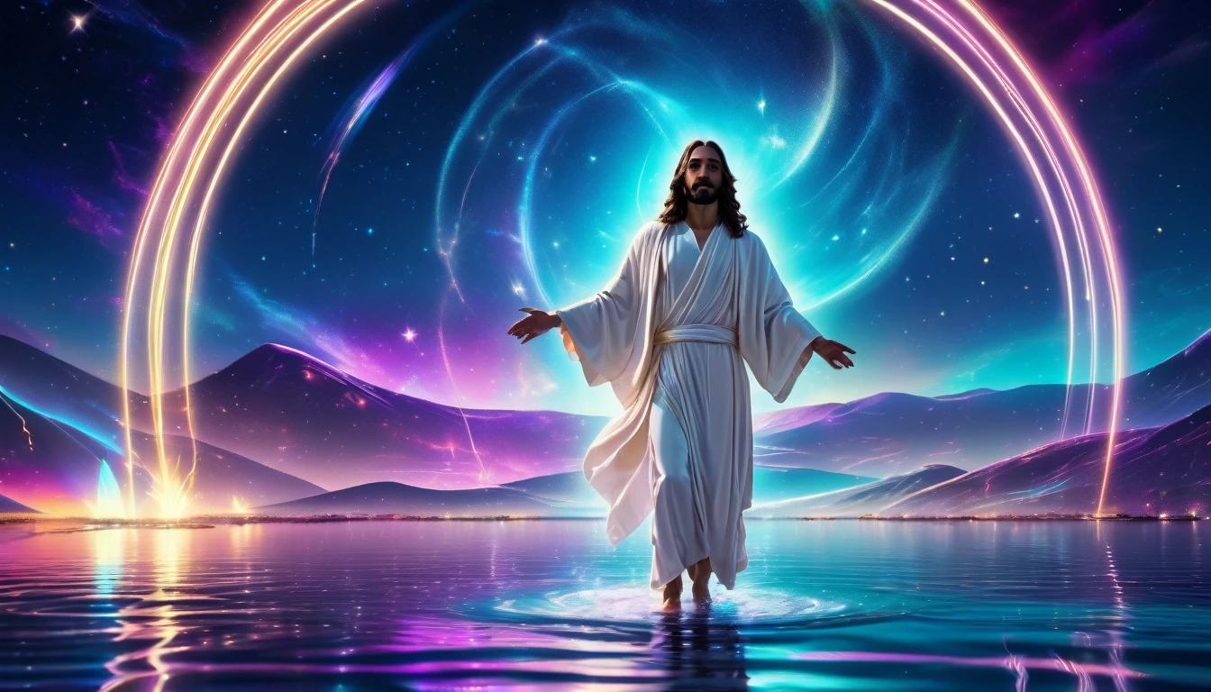 "Futuristic Jesus walking on water, with a starry sky in the background, neon lights reflecting in the water, white robes with technological details, expressing serenity, 8k high definition, super verbose"