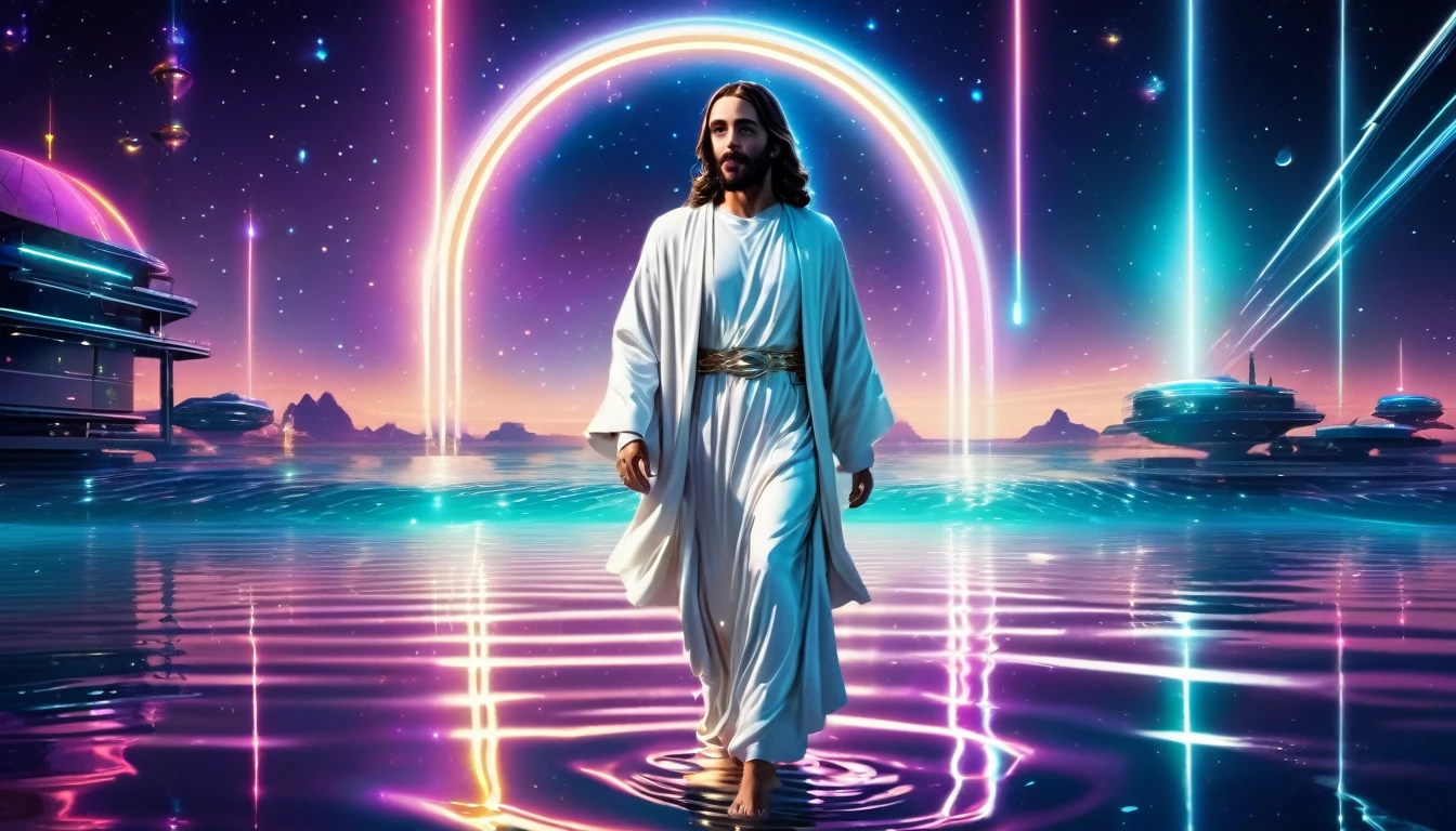 "Futuristic Jesus walking on water, with a starry sky in the background, neon lights reflecting in the water, white robes with technological details, expressing serenity, 8k high definition, super verbose"