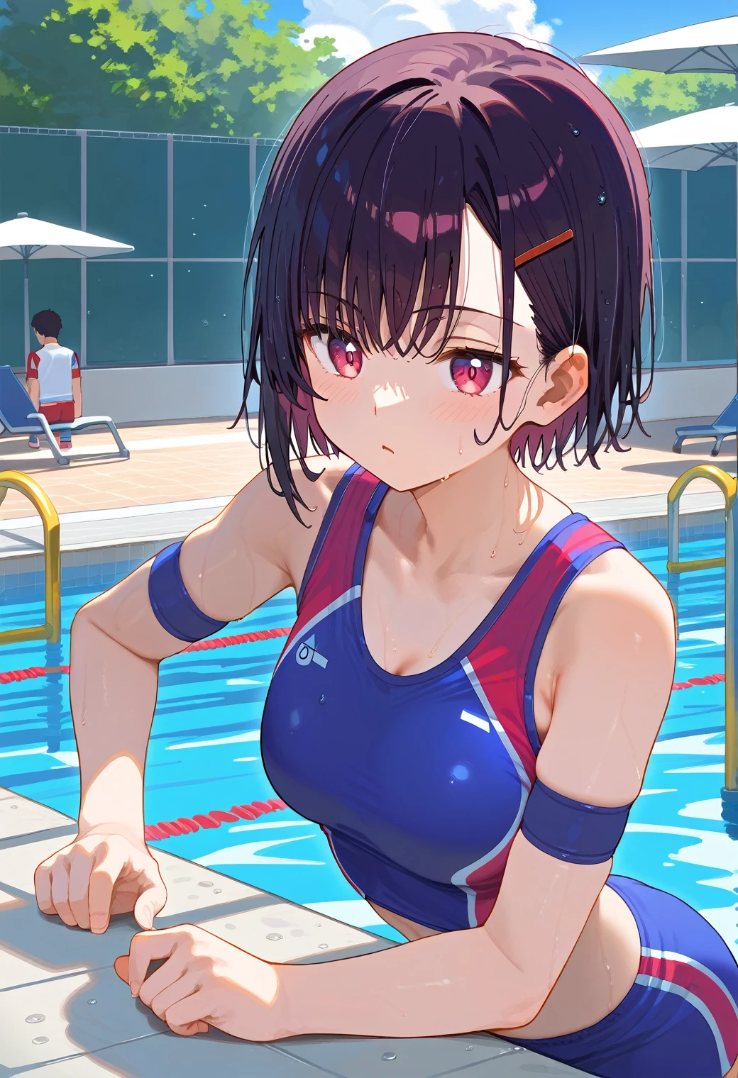 Mikazuki Shizuka, alone,One girl, Sportswear,Woman and man training,1boy,Poolside,BREAKscore_9, score_8_Excellent, score_7_Excellent, anime