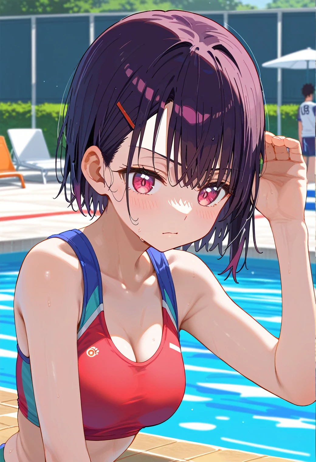 Mikazuki Shizuka, alone,One girl, Sportswear,Woman and man training,1boy,Poolside,BREAKscore_9, score_8_Excellent, score_7_Excellent, anime